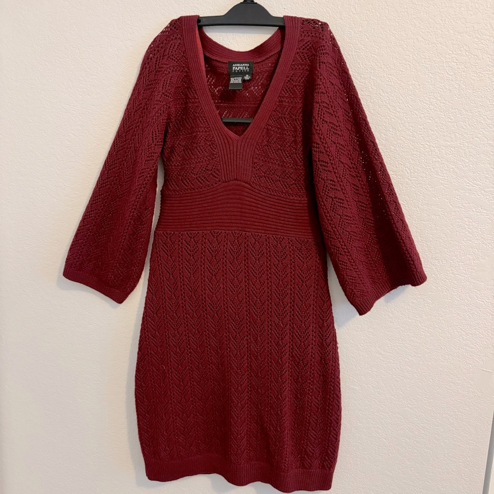 Adrianna Papell Knit 100% Merino Wool Lined Sweater Dress in Deep Red. S…